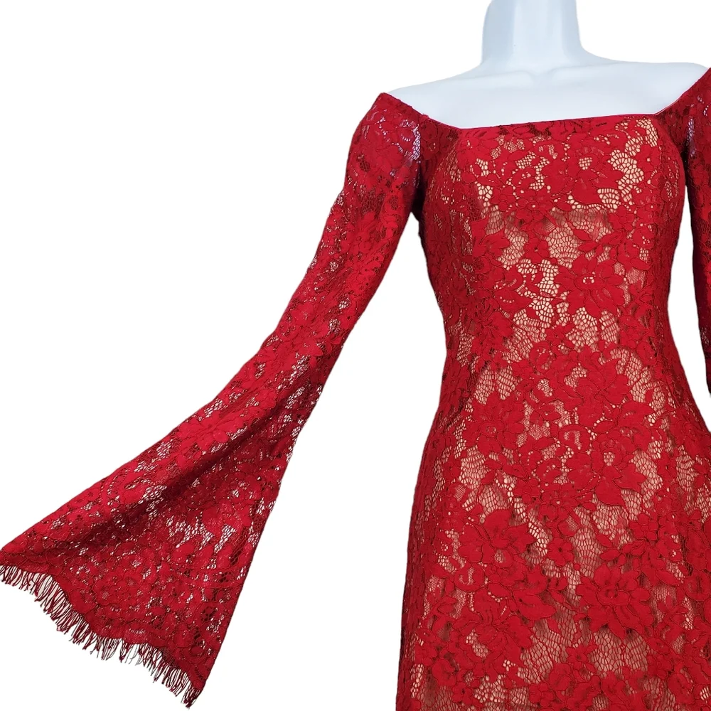 Majorelle Womens Benson Flare Sleeve Red Lace Mini Dress Size XS - Picture 4 of 9